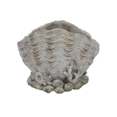 Coastal Clam Shell Planter w Coral Accents, Weathered Gray Terracotta