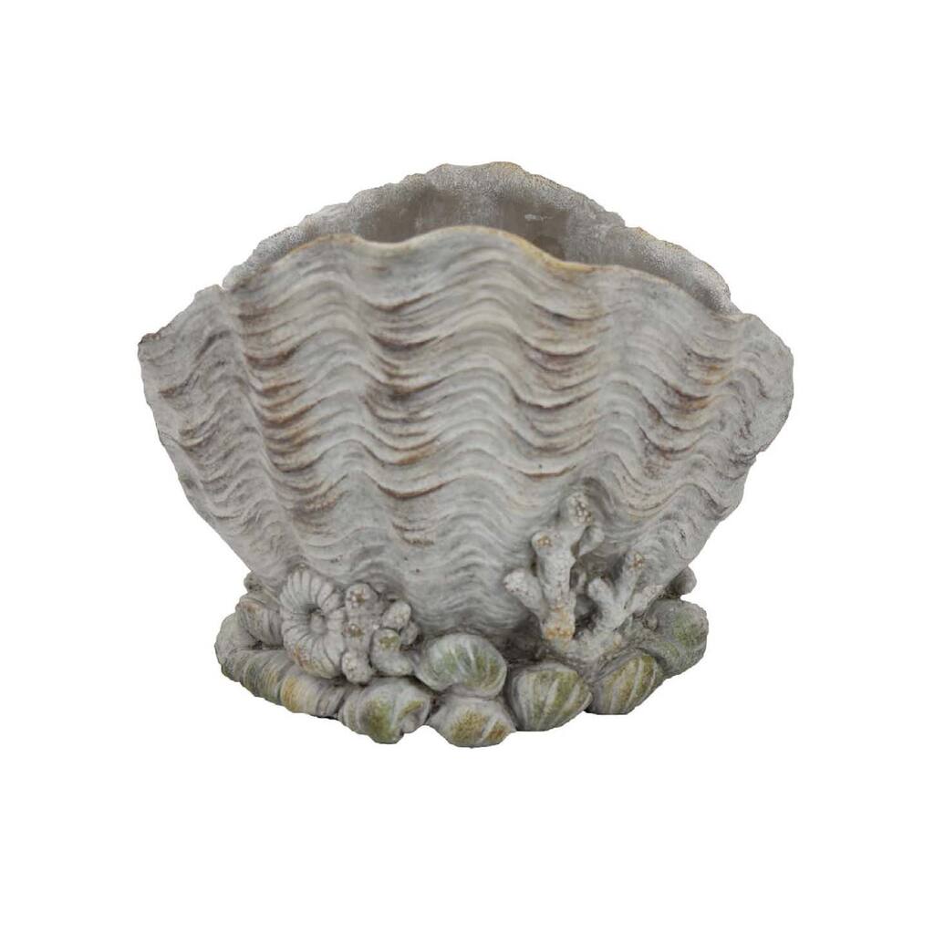 Coastal Clam Shell Planter w Coral Accents, Weathered Gray Terracotta