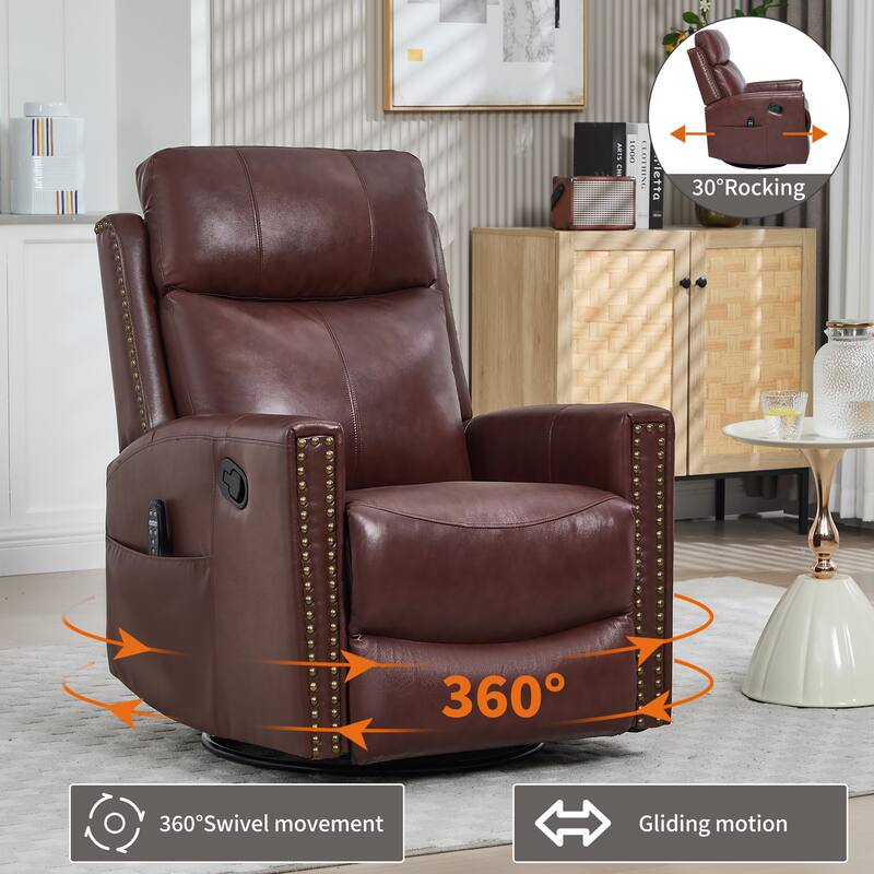 Roomfitters Genuine Leather Swivel Rocker Recliner, Manual Massage Glider with Heat and Top Grain Cowhide, Living Room