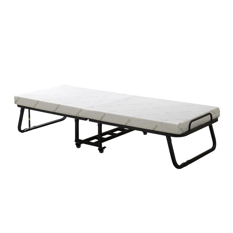 Franco Black Steel Folding Bed with Foam Mattress and Wheels