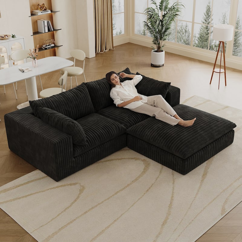 Corduroy Loveseat & Ottoman Set, L-shaped Sectional Sofa with Double-layer Seat Cushions, Modular Chaise Lounger Couch
