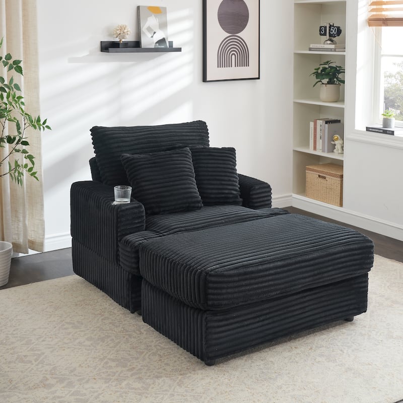 Black Corduroy Armchair Sofa with Ottoman and Cup Holder