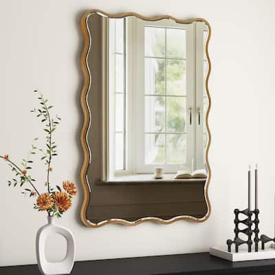 Antique Gold Wall Mirror Rectangle Wave Metal Accent Mirror - 30"×20"