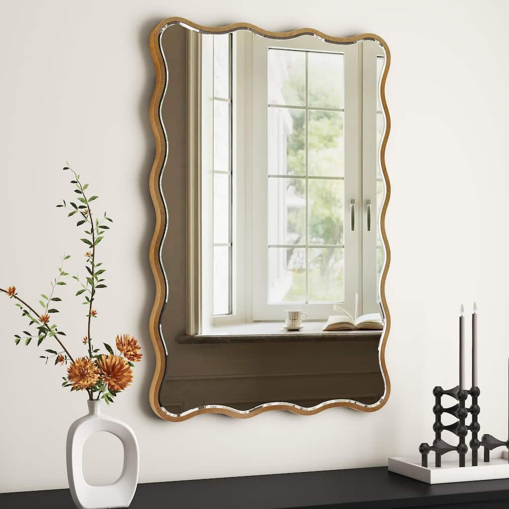 Antique Gold Wall Mirror Rectangle Wave Metal Accent Mirror - 30"×20"