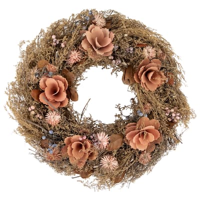 Orange Coral Pink Twig Floral Autumn Harvest Wreath, 13.75-Inch, Unlit