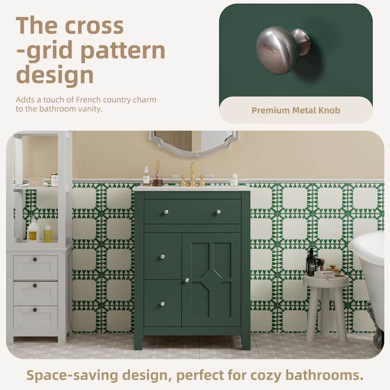24" Modern Bathroom Vanity - Ceramic Basin, 2 Drawers & Soft-Closing Door, Compact Design