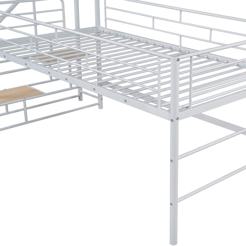 Twin Size MDF Metal Mid Loft Bed with Storage stairs and Fence for Kids, Boys and Girls, Bedroom