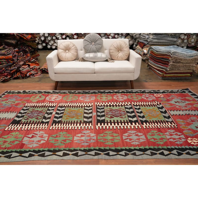 Hand Woven Oriental 100% Wool Carpet Southwestern Tribal Oranges & Rust Kilim Area Rug - 11' 3'' X 5' 9''