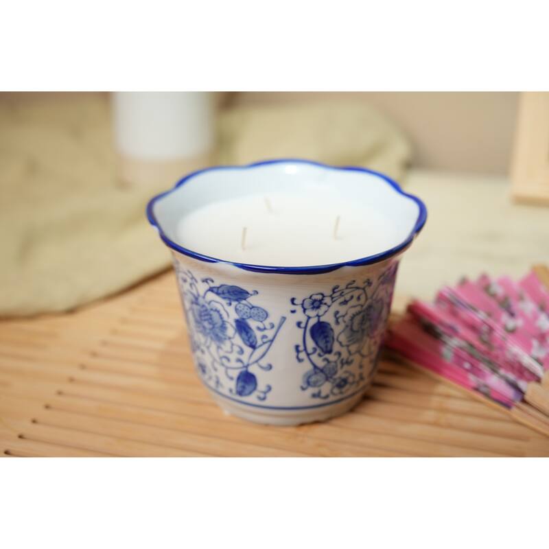 6.13in Scallop Top Chinoiserie Ceramic Candle - 15.5oz Sandal