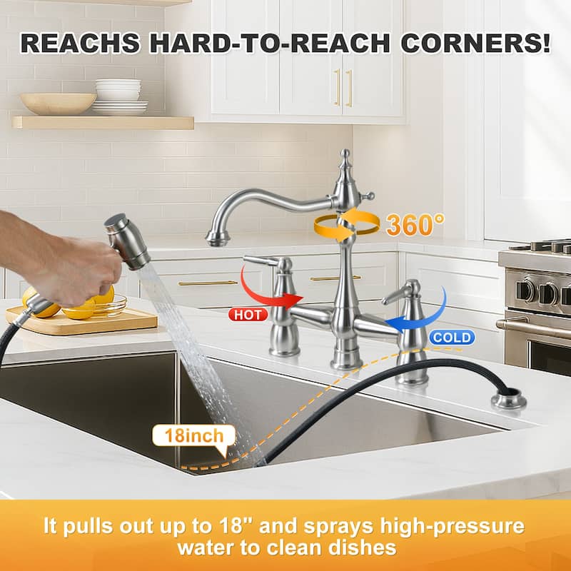 WOWOW 4 Hole Double Handle Bridge Kitchen Faucet with Side Sprayer