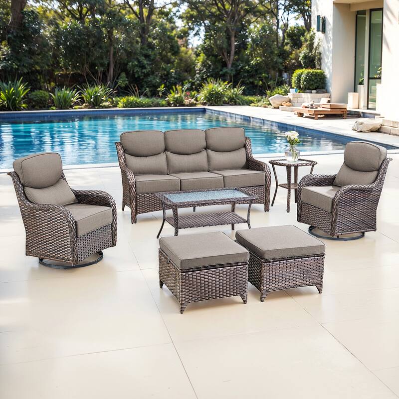 Gymojoy 7-Piece Patio Furniture Set with Swivel Glider Chairs, 6-Inch Ultra-Plush Cushions & Water-Resistant Olefin Fabric - Brown Wicker / Grey Cusion - 7-Piece