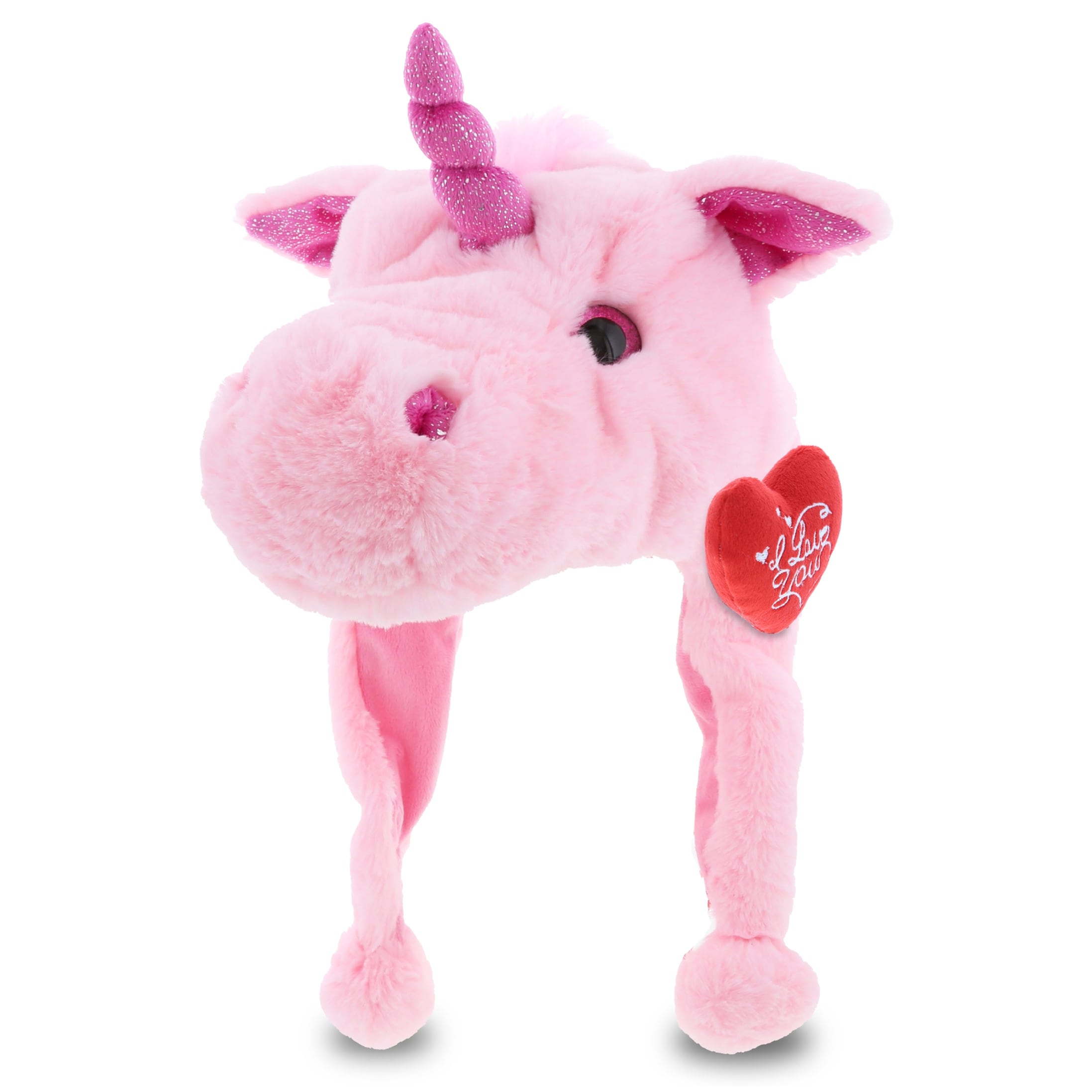 DolliBu I LOVE YOU Cute Pink Unicorn Plush Hat with Red Heart - 16 inches