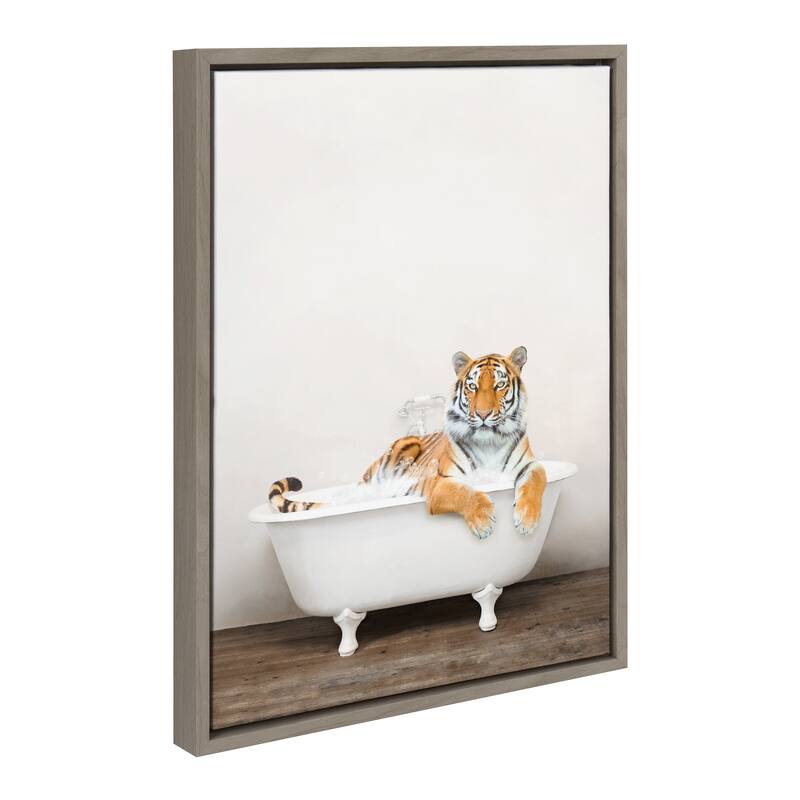 Kate and Laurel Bengal Tiger in Bath Framed Canvas by Amy Peterson - Grey