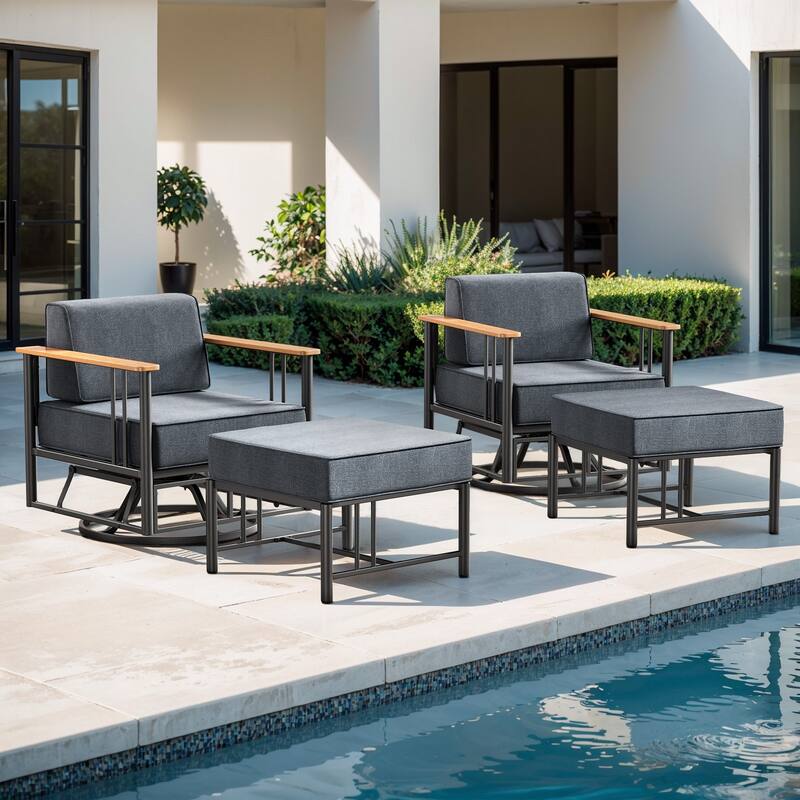 Puffin 4-Piece Metal Frame Outdoor Swivel Gliding Chairs with 6-Inch Cushions and Ottomans