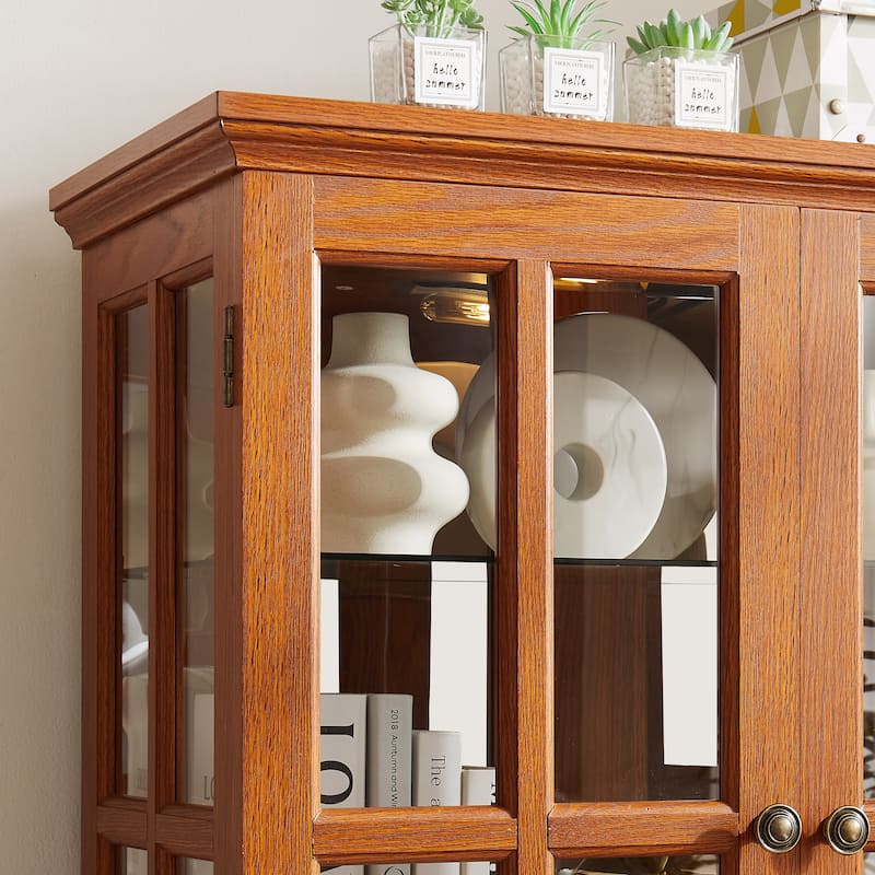 Curio Cabinet with Glass Doors, Lighted Display Cabinet with Adjustable Shelves & Mirrored Back, Wooden Accent Storage Cabinet