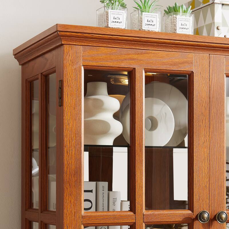 Lighted Curio Display Cabinet, Accent Cabinet with Mirrored Back Pane, Display Cabinet with 4 Glass Doors & Adjustable Shelves