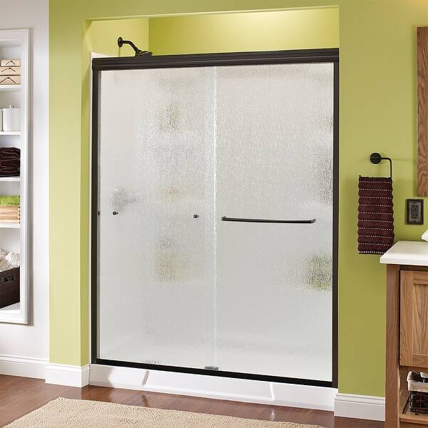 Delta Classic 60 Wide Sliding Semi Frameless Shower Door With Rain Bronze Overstock Delta Classic 60 Wide Sliding Semi Frameless Shower Door With Rain Bronze Overstock
