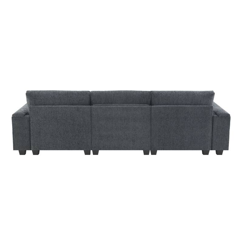 Chenille Sectional Sofa With Bluetooth Speaker,Cloud Couch Set With Drop Down Table,Cup Holders,Usb Charger,Storage Armrest