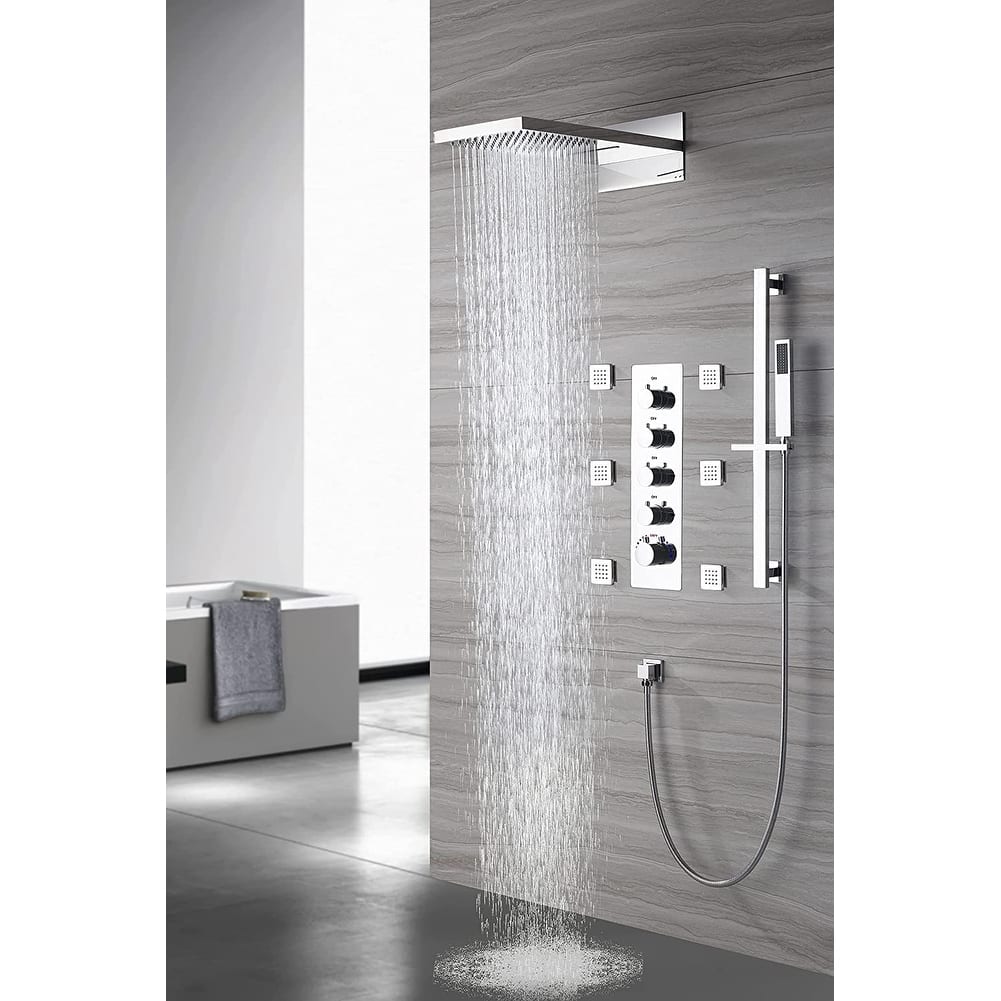 Chrome 22" Rainfall Waterfall Thermostatic Shower Faucet System w/ Jets, Sprayer, Slide Bar