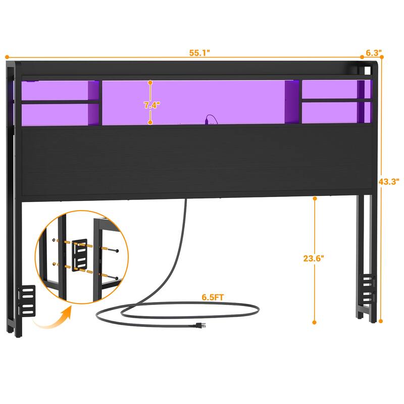 Storage Headboard with USB Port and Power Outlet, Head Board with LED Light for Bed Frame