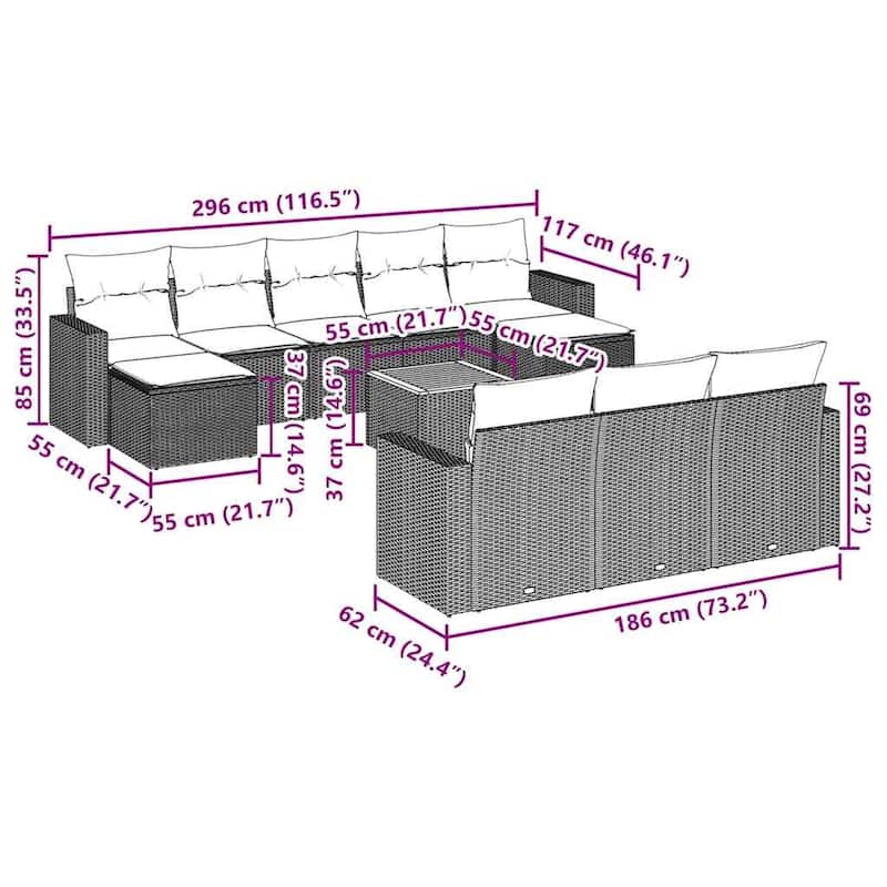 vidaXL Garden Sofa Set Black and Cream - 21.7 x 21.7 x 14.6