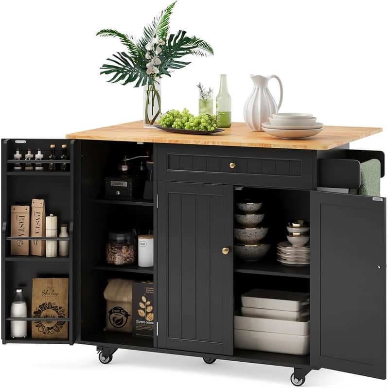Kitchen Island with Storage, Island Table for Kitchen with Drop Leaf, 5 Wheels, a Drawer, Spicy Rack and Towel Bar