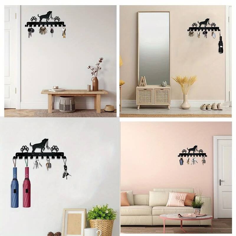 Black Metal Cute Dog Wall Hanging Storage Rack with Hooks for Home Entryway or Coat - 11.81”L x 4.96”H