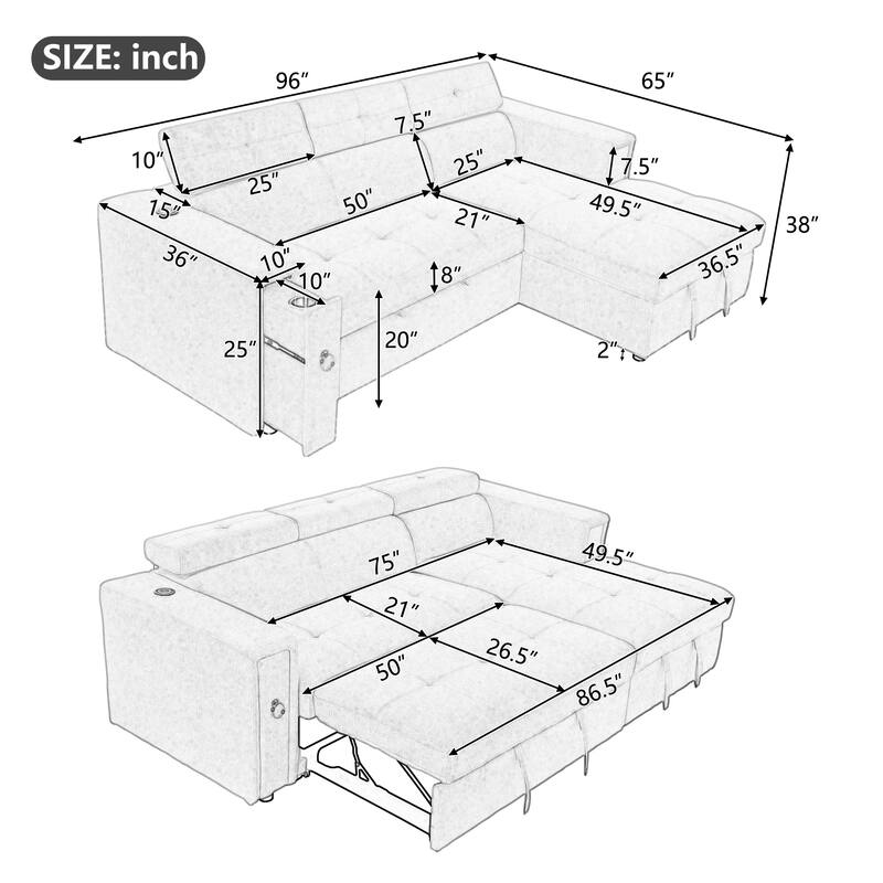 96" Linen L-Shaped Sectional Sofa Bed with Adjustable Headrest, Wireless Charging and Hidden Storage