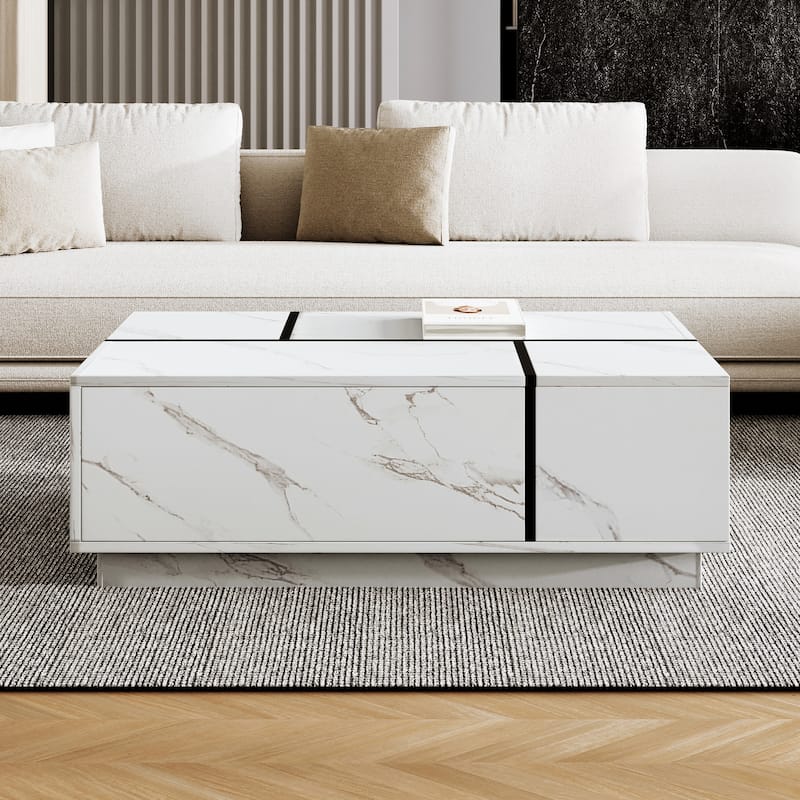 Roomfitters Rectangular Sliding Top Coffee Table, White Marble Look Center Table with 2 Drawers and Hidden Storage - White
