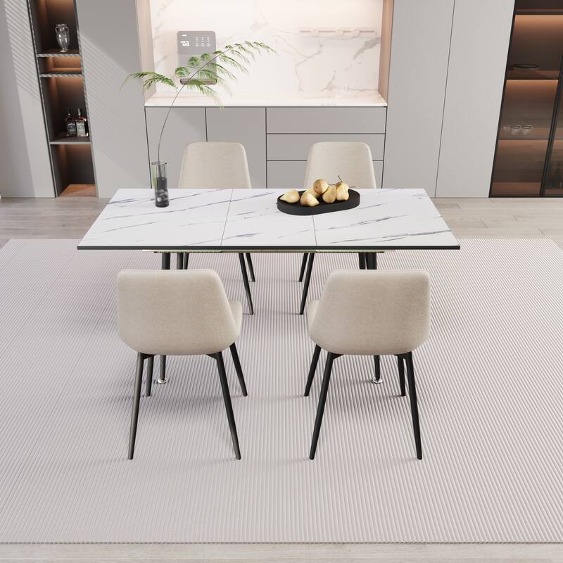 Scalable modern dining table and chair set, for 2-6 people, 4-piece set, medieval dining table set, metal base and linen chair