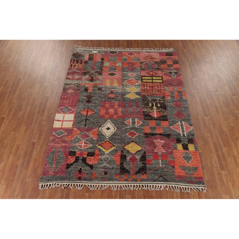 Geometric Plush Moroccan Oriental Rug Hand-Knotted Grey Wool Carpet - 7'9" x 10'5"