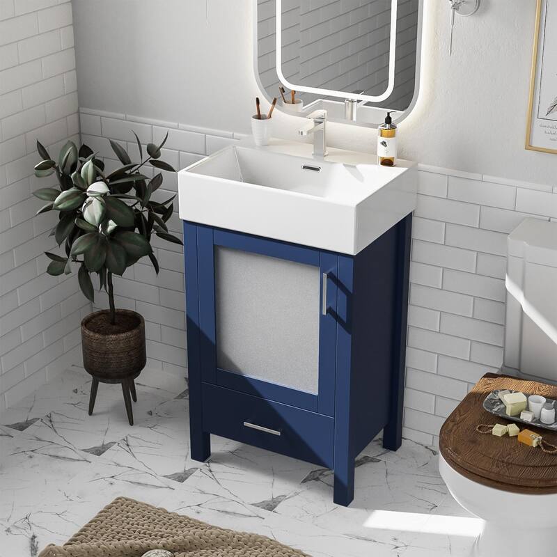 20-Inch Blue Bathroom Vanity with Ceramic Sink, Soft-Close Door & Ample Storage for Small Spaces - 15.16in L Solid Wood+MDF