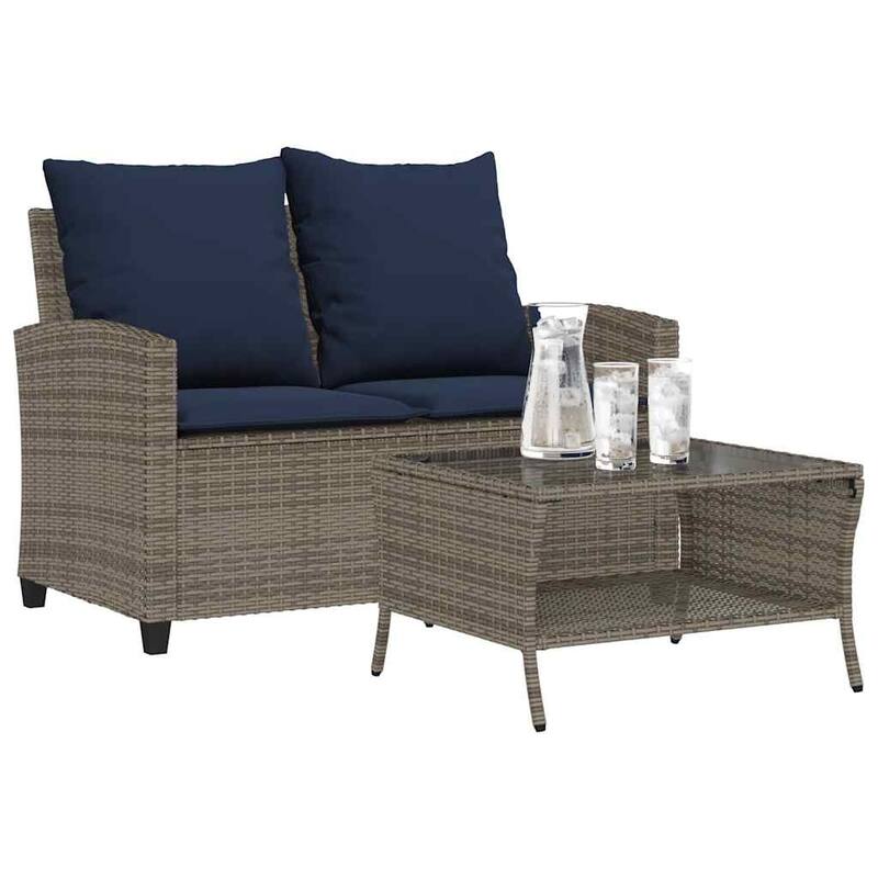 vidaXL Garden Sofa Black, Cream White PE Rattan Medium Removable Covers - 45.7 x 28.3 x 31.1 in - Gray/Navy blue - 3-seater