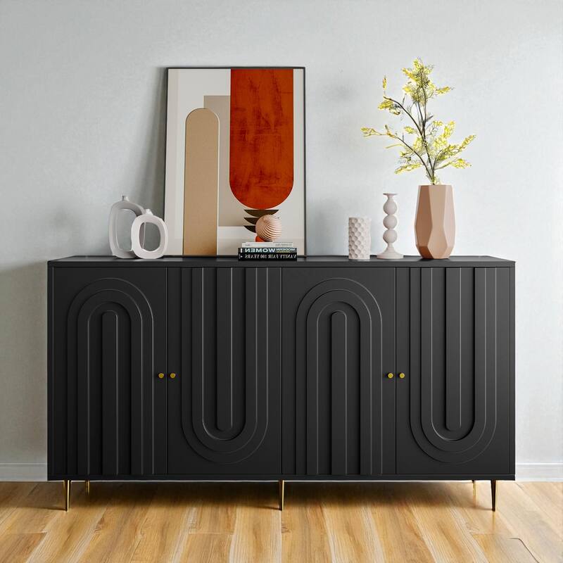 Modern Lacquered 4-Door Sideboard Buffet Cabinet with Adjustable Shelves and Gold Metal Legs, MDF Storage Cabinet.