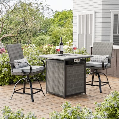 Mason 3-Piece Outdoor Patio Counter Height Firepit Bistro Dining Set with Swivel Chairs & Cushions - N/A