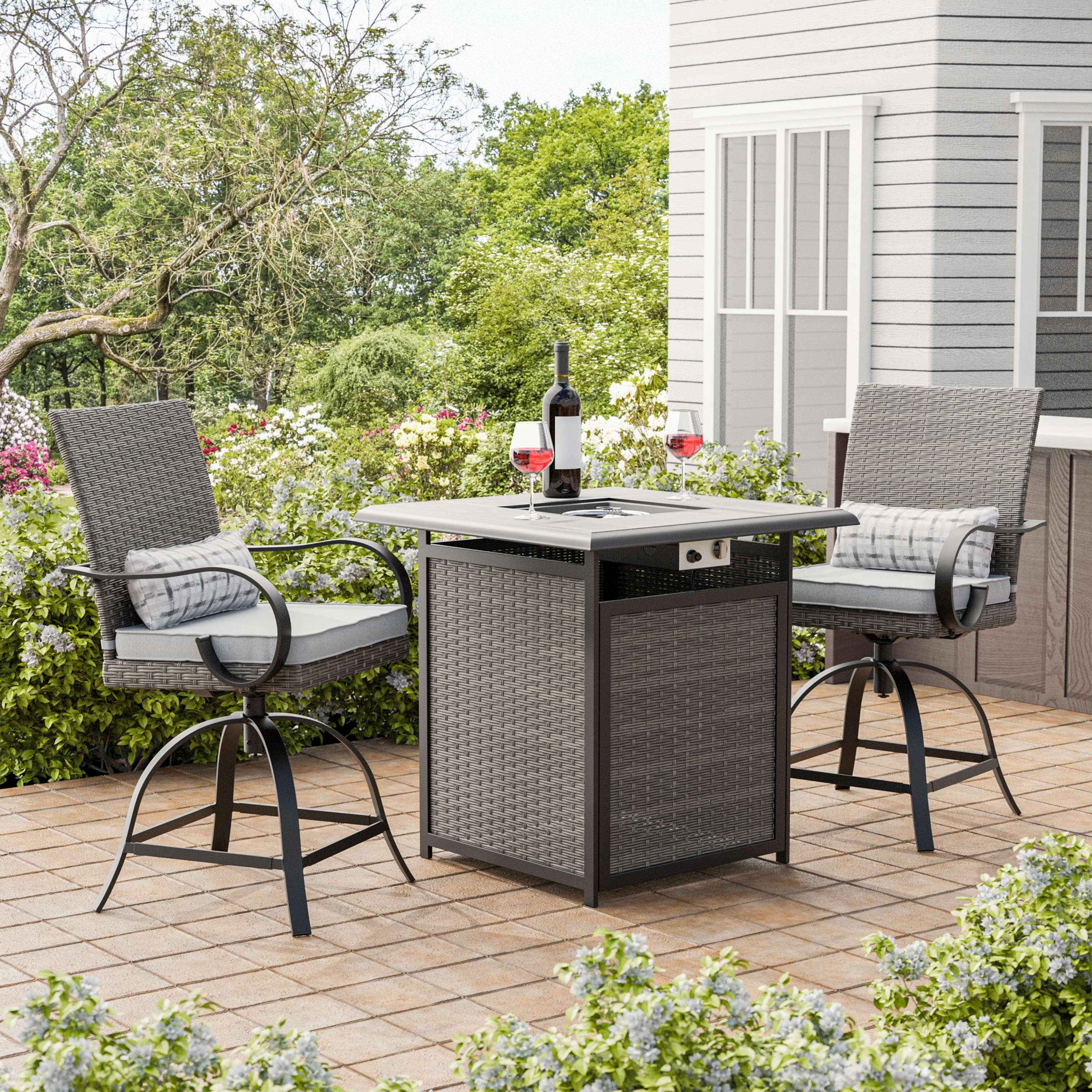 Mason 3 Piece Outdoor Patio Counter Height Firepit Bistro Dining Set with Swivel Chairs Cushions N A Bed Bath Beyond 38878051