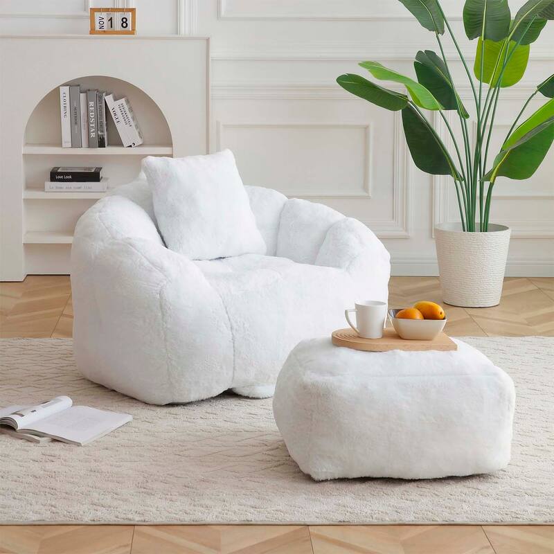 Bean Bag Chair with Footstool,Oversized Shell-Shaped Comfort Sofa - White