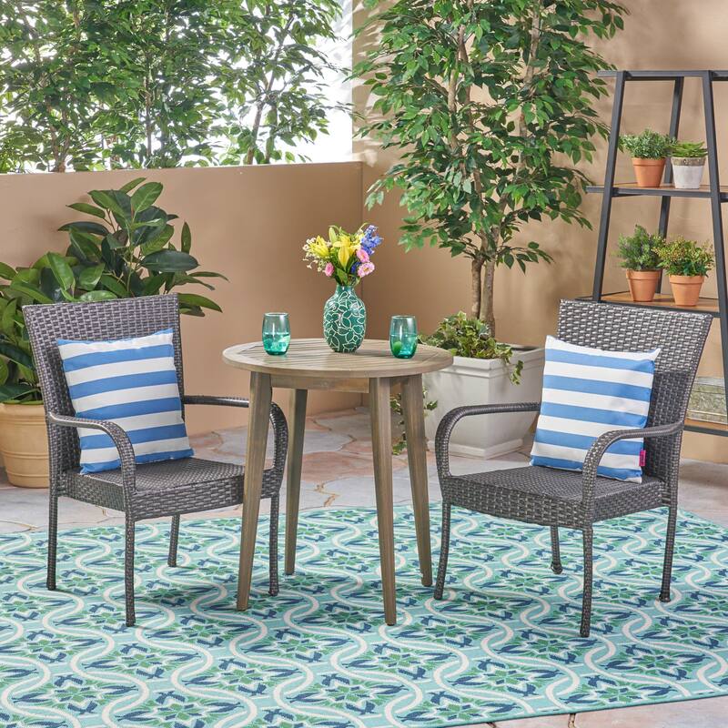 Linwood Outdoor 3 Piece Wood and Wicker Bistro Set by Christopher Knight Home