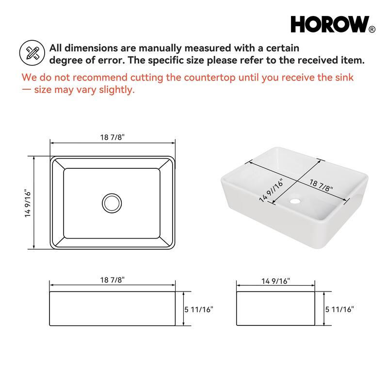 HOROW 19 inch Rectangular White Bathroom Ceramic Vessel Sink Art Basin