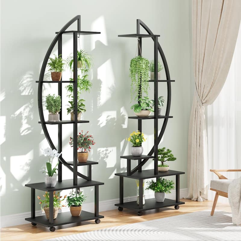 2 Pack 6 Tier Tall Plant Stand Metal Indoor Plant Stand With Detachable Wheels Half Moon Shape Plant Stands