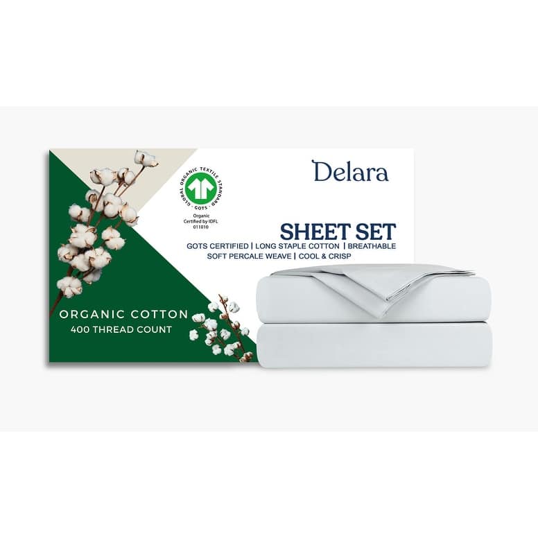 Delara 100% Organic Cotton Percale Sheet Set, GOTS Certified, 400 Thread Count, Ultra Soft, Smooth & Breathable