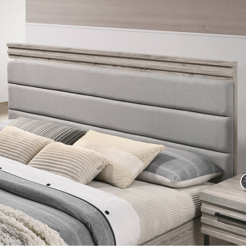 Roundhill Furniture Alvear Upholstered Wood Panel Bed, Dresser, Mirror, and Nightstand, Weathered Gray