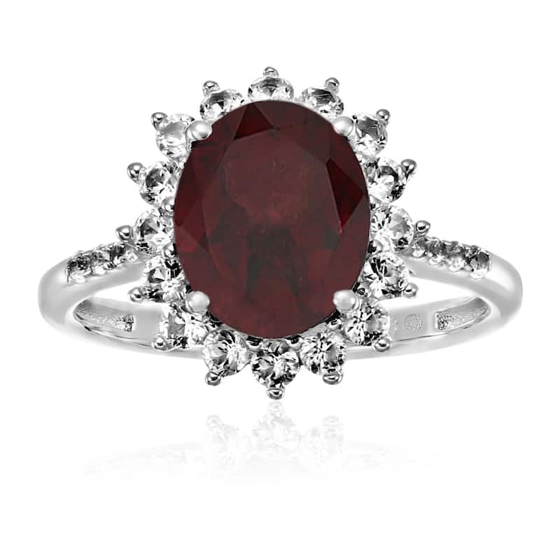 925 Sterling Silver Red Garnet and Created White Sapphire Ring