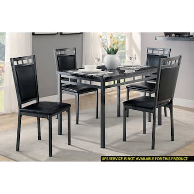 Black Finish 5pc Dinette Set Faux Marble Top Table and 4x Side Chairs Faux Leather Upholstered Metal Frame Casual Dining