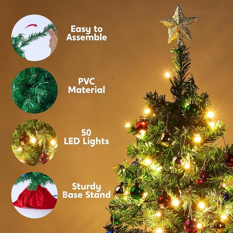 24"/2FT Mini Christmas Tree Tabletop Set with Clear LED Lights, with Star Treetop and Ornaments(Storage Bag Included)