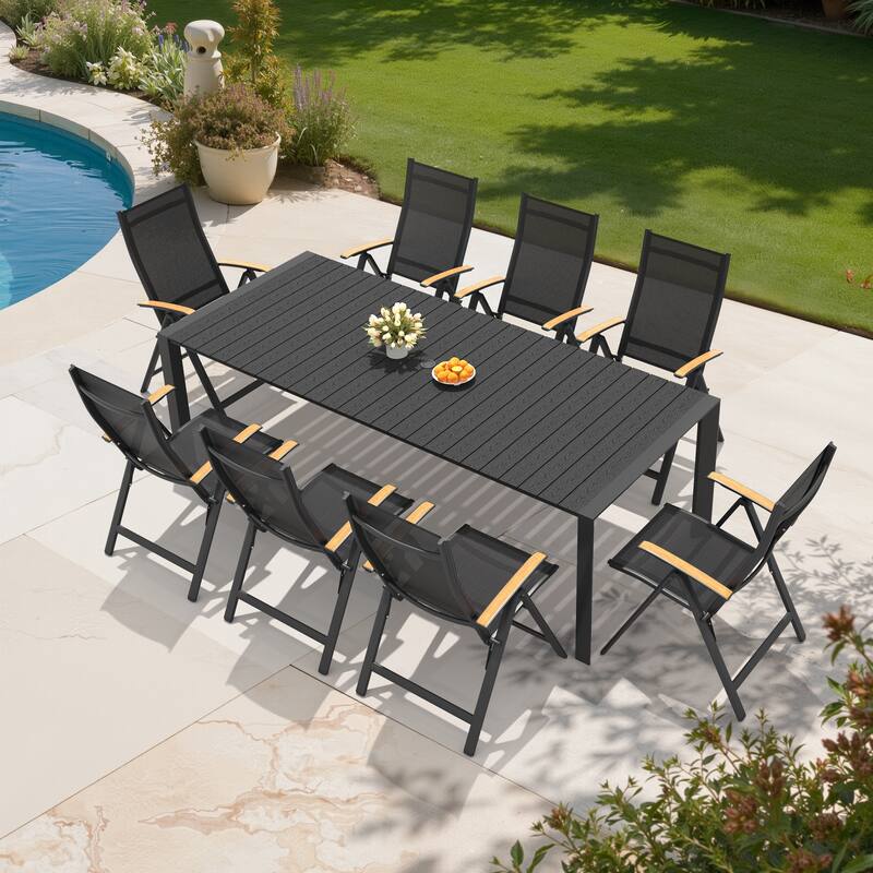 7/9/11-Piece Outdoor Patio Dining Set Aluminum Rectangular Dining Table and Adjustable Folding Chairs - Black - Set of 9