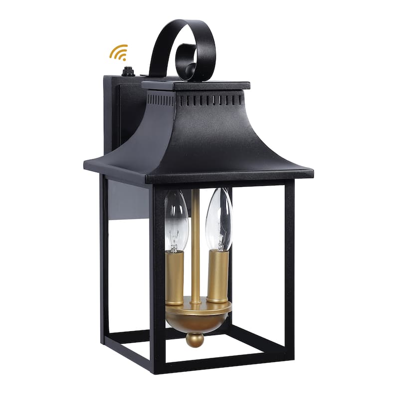 2-Light Matte Black Dusk to Dawn Outdoor Wall Lantern with Clear Glass - W7.4" x D9" x H14.7" - W7.4" x D9" x H14.7"
