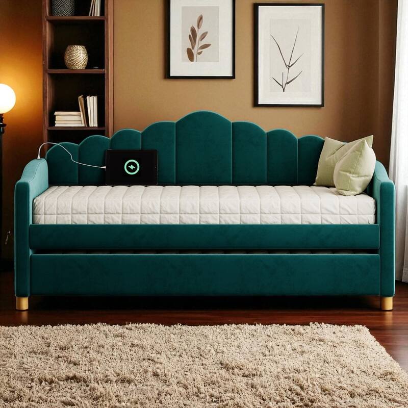 Twin Size Velvet Upholstered Daybed with Trundle, USB Charging Ports, Side Pockets, No Box Spring Required