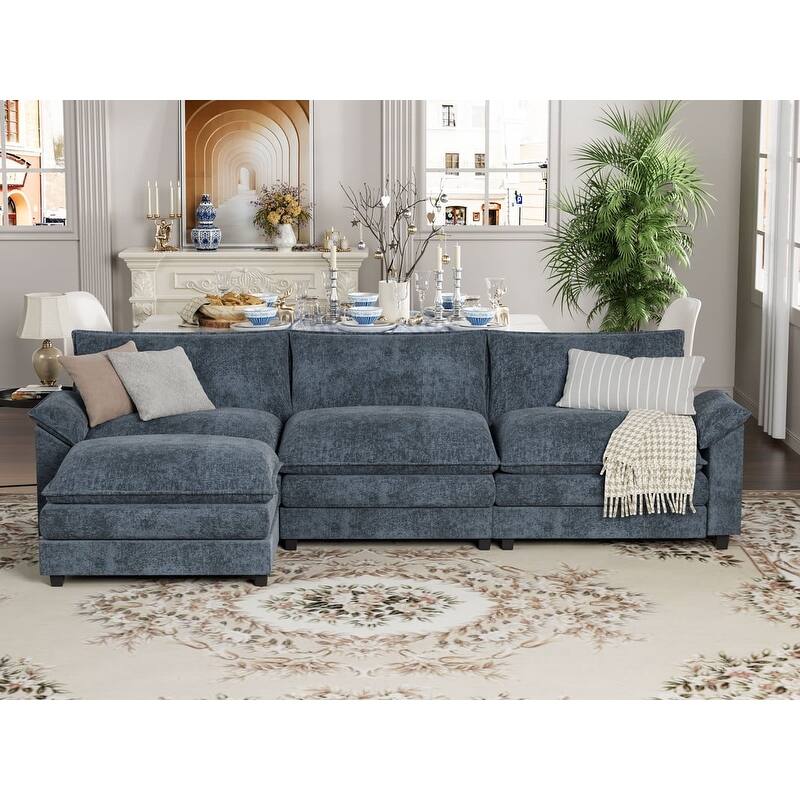 Furniwell 3-Seat Sectional Sofa with Ottoman Sectional Couch with Reversible Toffee Chair Convertible Sofa