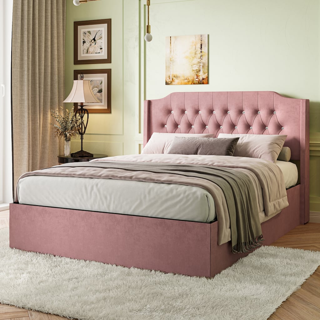 Queen Size Upholstered Bed with Wingback Headboard and Under-Bed Space